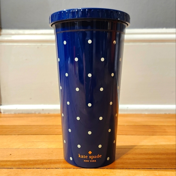 20 oz Kate Spade Navy Blue White Polk a Dot Tumbler with Lid No Straw - Picture 1 of 4
